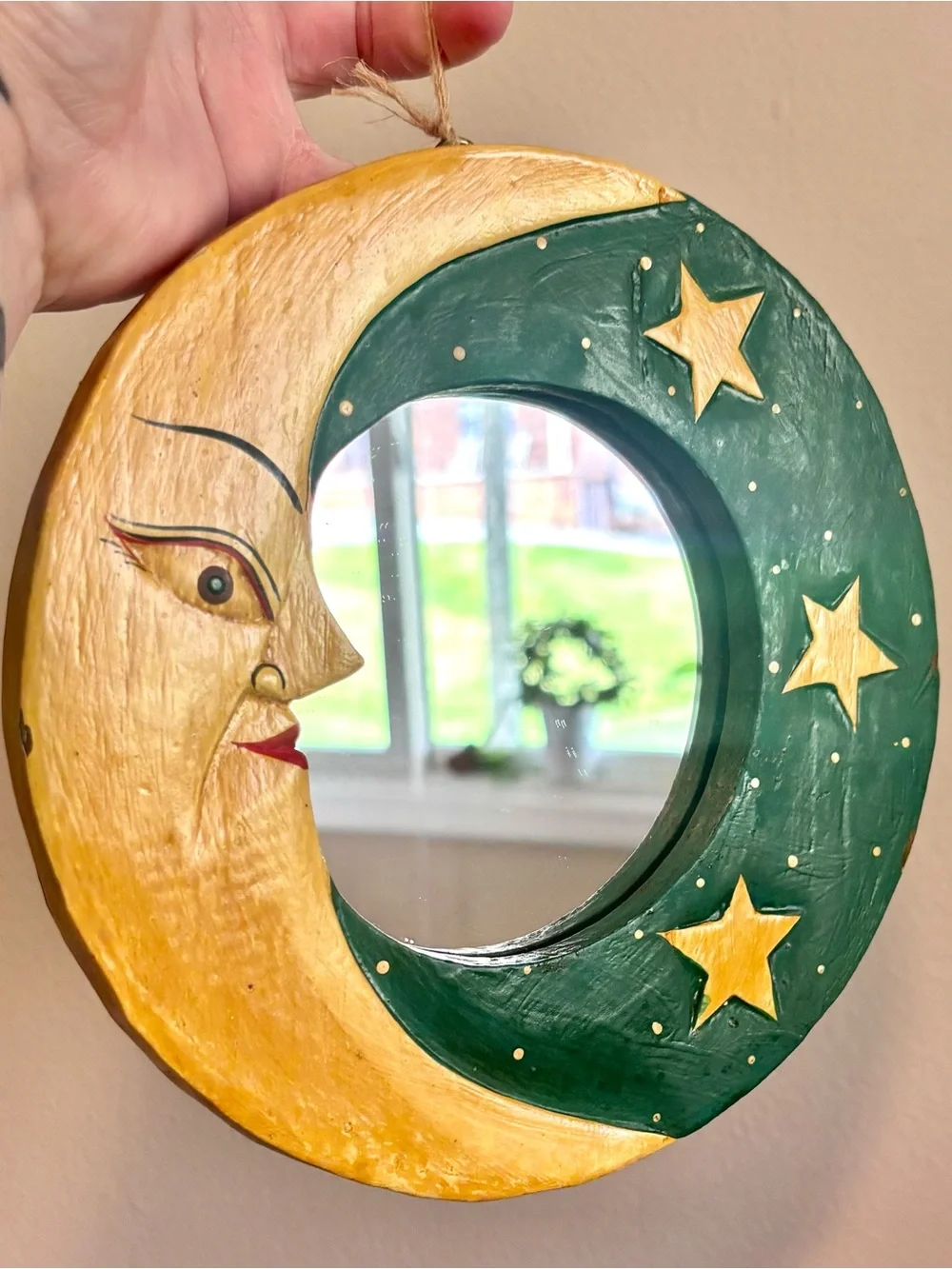 Whimsigoth 1990’s Hand-Painted Moon & Stars Wall Mirror - Yellow and Dark Green